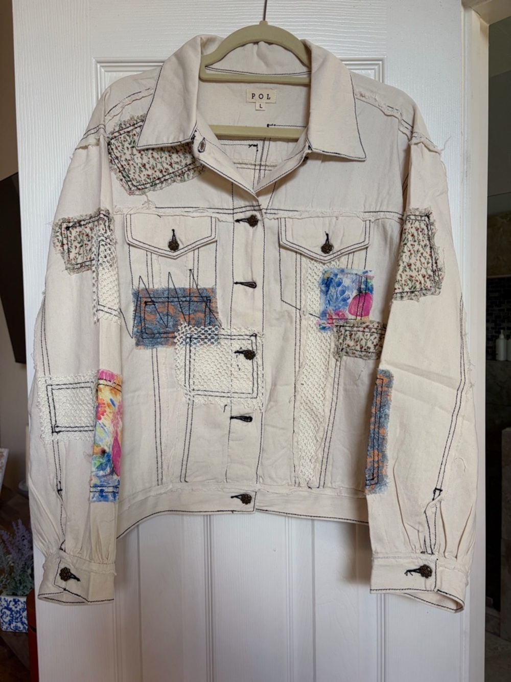 POL Cream Patchwork Embroidered Denim Jacket